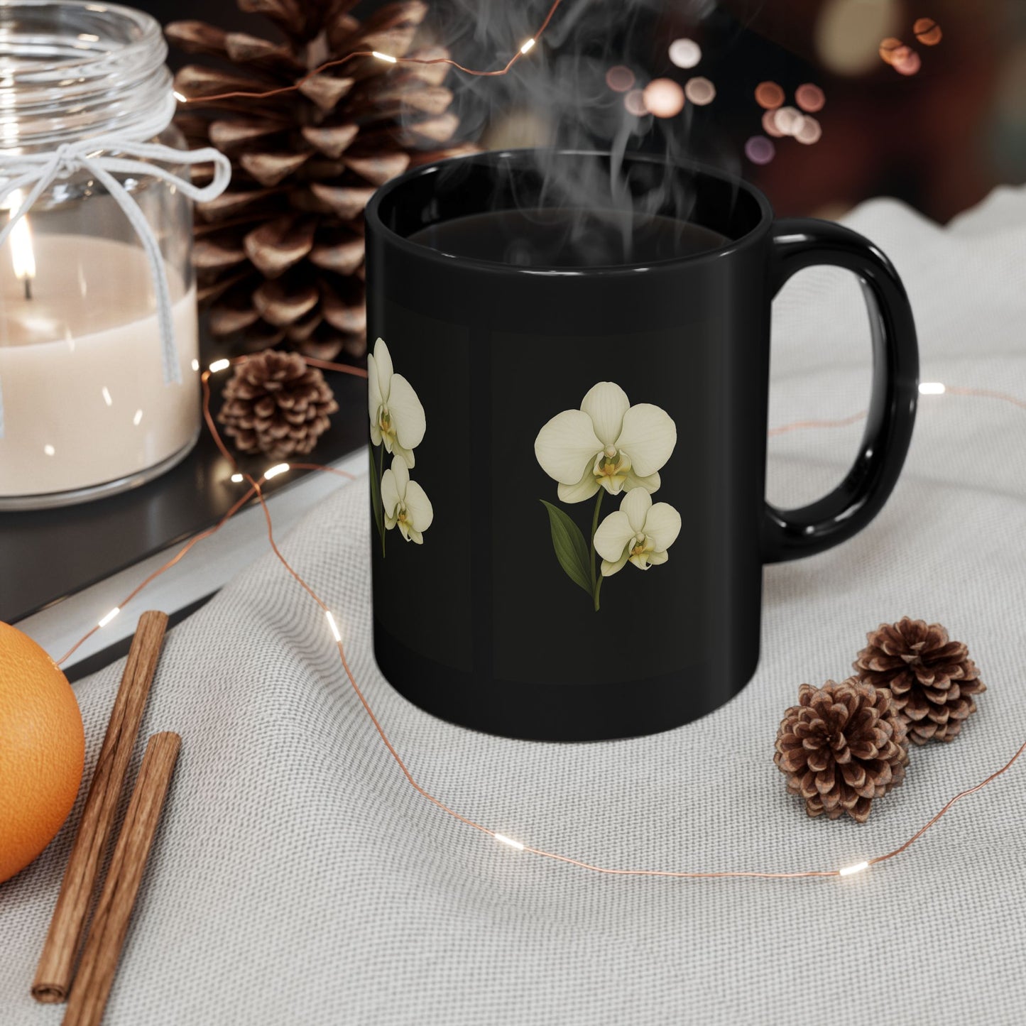 Elegant Orchid Black Mug - Floral Coffee Cup, Perfect Gift for Plant Lovers, Home Decor, Birthday, Housewarming, Mother's Day