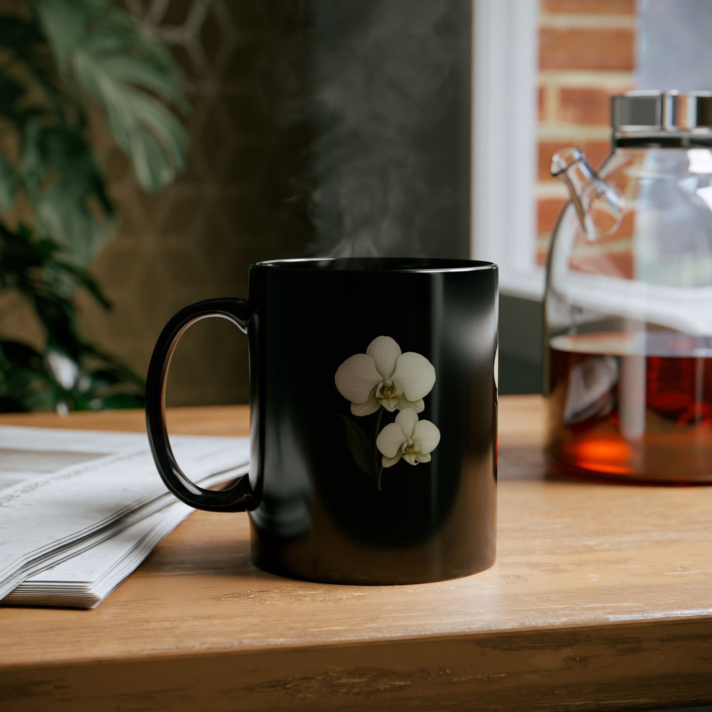 Elegant Orchid Black Mug - Floral Coffee Cup, Perfect Gift for Plant Lovers, Home Decor, Birthday, Housewarming, Mother's Day