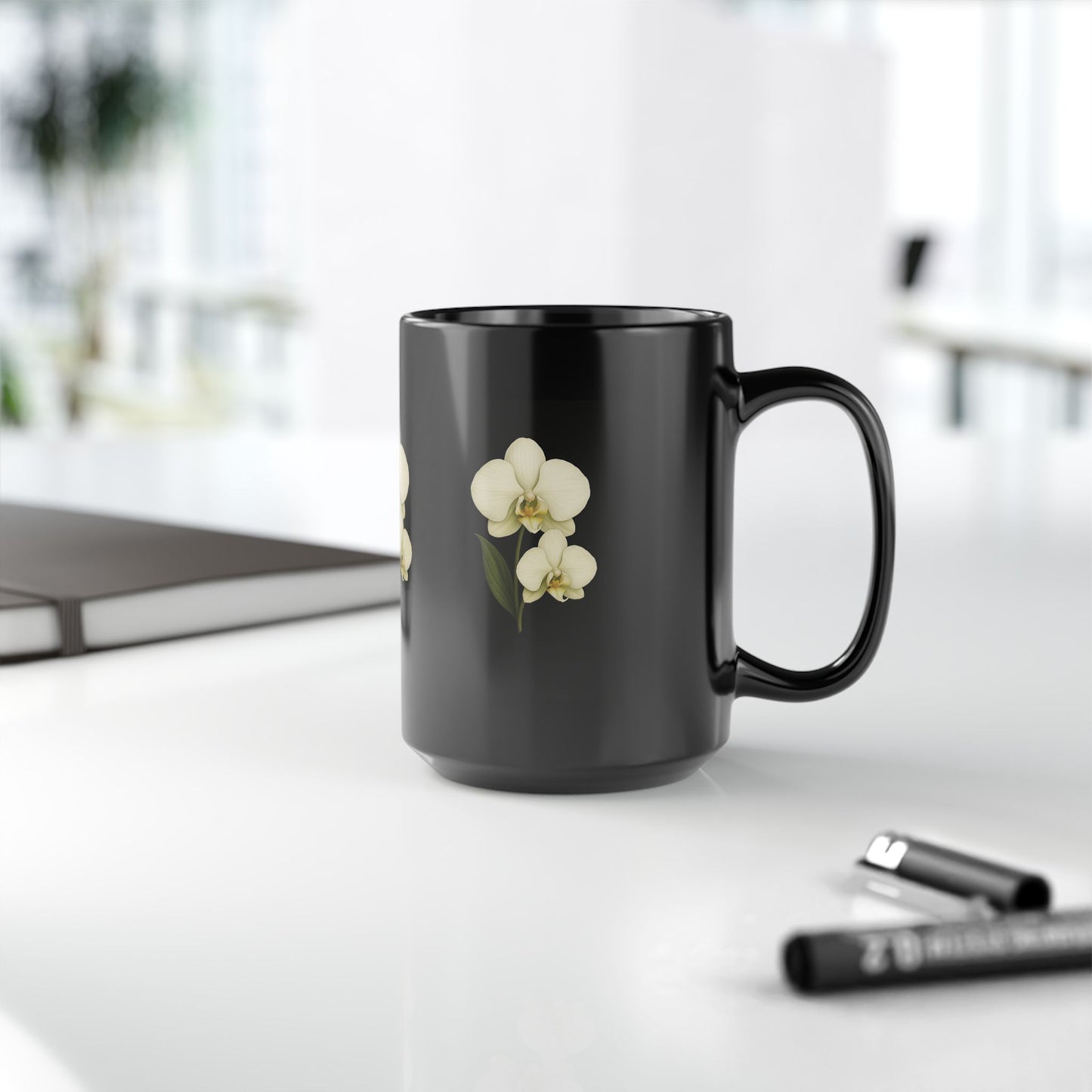 Elegant Orchid Black Mug - Floral Coffee Cup, Perfect Gift for Plant Lovers, Home Decor, Birthday, Housewarming, Mother's Day